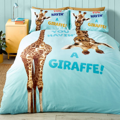 Catherine Lansfield Kids Havin A Giraffe Reversible Duvet Cover Set With Pillowcases Aqua Blue from B&Q