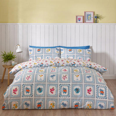 Catherine Lansfield Blue Riviera Tiles Reversible Double Duvet Cover Set With Pillowcases