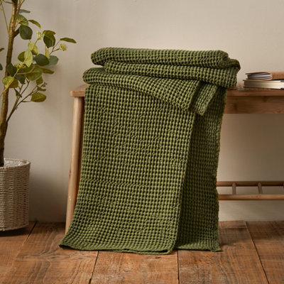 Pineapple Elephant  Jaipur Chunky Waffle Cotton Blanket Throw - Olive Green - 150x200cm - Image 9