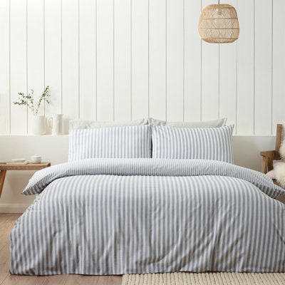Catherine Lansfield Brushed Cotton Stripe Reversible Double Duvet Cover Set with Pillowcases Silver Grey - Image 15