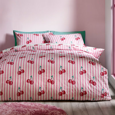 B&Q -  Disco Cherries Stripes Reversible Duvet Cover Set With Pillowcases Pink