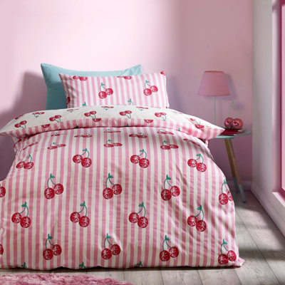 B&Q -  Disco Cherries Stripes Reversible Duvet Cover Set With Pillowcase Pink