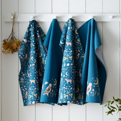 Catherine Lansfield Enchanted Twilight Animals Cotton 50X70Cm Kitchen Tea Towel Pack Of 4 Navy Blue