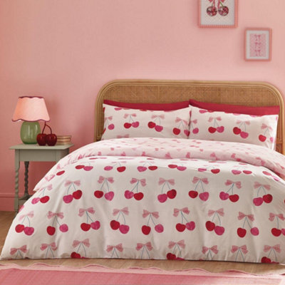 Catherine Lansfield Cherries And Bows Reversible Duvet Cover Set With Pillowcase Pink