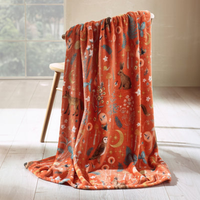 Catherine Lansfield Orange Enchanted Twilight Animals Cosy Fleece 130X170cm Blanket Throw Burnt