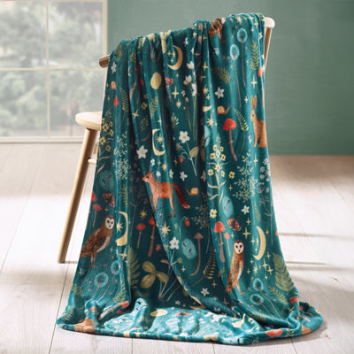 Catherine Lansfield Green Enchanted Twilight Animals Cosy Fleece 130X170cm Blanket Throw Forest