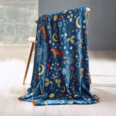 Catherine Lansfield Blue Enchanted Twilight Animals Cosy Fleece 130X170cm Blanket Throw Navy