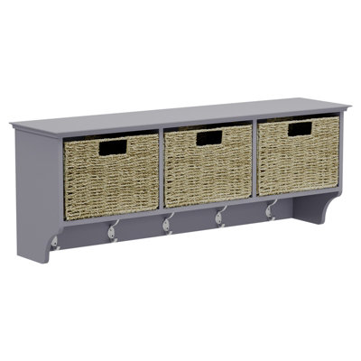 Bevelled Coat Shelf With 3 Woven Baskets And 5 Double HooksGrey from B&Q