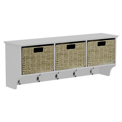 Bevelled Coat Shelf With 3 Woven Baskets And 5 Double HooksWhite from B&Q