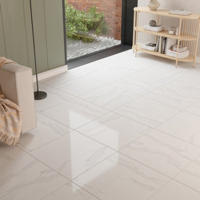 GoodHome Ultimate White Gloss Marble Effect Porcelain Indoor Floor TilePack Of 3(L)595mm (W)595mm from B&Q