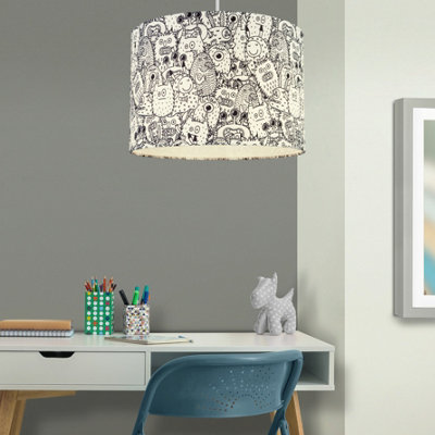  - Printed Black & White Doodle Cylinder Lamp Shade (D)30Cm