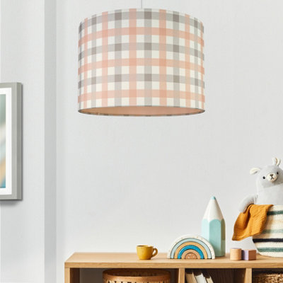 - Pink & Grey Checkered Cylinder Lamp Shade (D)30Cm