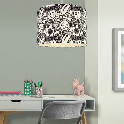  - Printed Black & White Smiley Face Doodle Cylinder Lamp Shade (D)30Cm