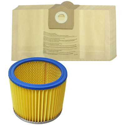 Spares2Go Cylinder Vacuum Cleaner Filter + 10 X Dust Bags Compatible With Lidl Parkside Pnts 1250 1300 A1 1400 B1 1500