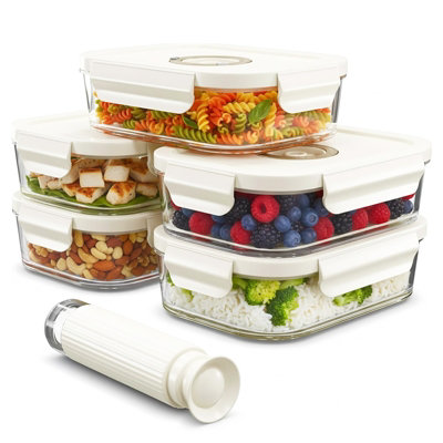 Spares2Go Vacuum Food Storage Glass Containers With Securing Clips Lids (Pack Of 5Small630Ml) + Manual Sealing Pump
