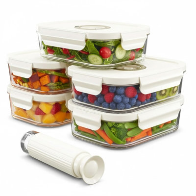 Spares2Go Vacuum Food Storage Glass Containers With Securing Clips Lids (Pack Of 5Medium1040Ml) + Manual Sealing Pump