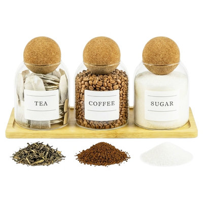 Spares2Go Glass Jar Canisters With Cork Ball Lids Tea Coffee Sugar Containers + Wooden Stand + Labels (Set Of 3500Ml Capacity) from B&Q