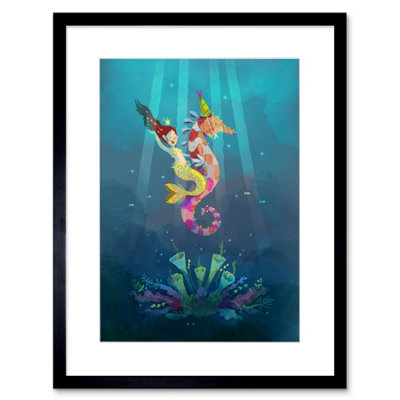 Artery8 Wall Art Print Mermaid Seahorse Yellow Framed Art 9X7 Inch from B&Q
