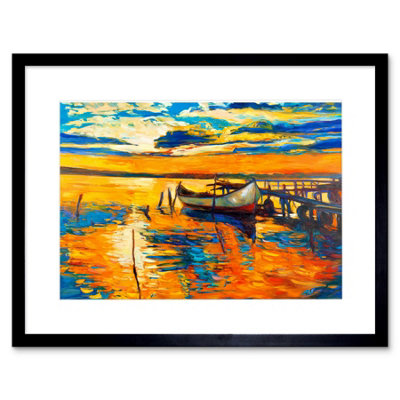 Artery8 Wall Art Print Boat Pier Sunset Ocean Framed 9X7 Inch from B&Q
