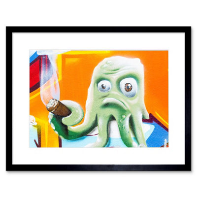 Artery8 Wall Art Print Graffiti Octopus Smoking Cigar Framed 9X7 Inch
