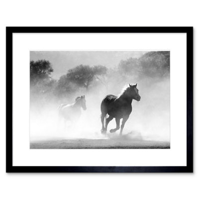 Artery8 Wall Art Print Horses Running Mist Bw Framed 9X7 Inch from B&Q