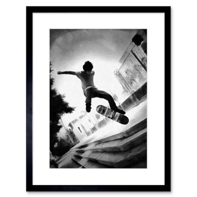 Artery8 Wall Art Print Skateboarder Trick Bw Framed 9X7 Inch from B&Q