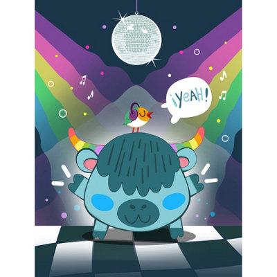 Wee Blue Coo Unframed Wall Art Kawaii Cow Disco Party12X16 Inch from B&Q