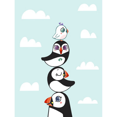 Wee Blue Coo Unframed Wall Art Puffins Family Stacked12X16 Inch from B&Q