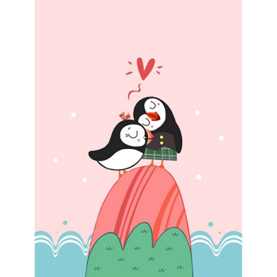 Wee Blue Coo Unframed Wall Art Puffins Love Cute Childens Bedroom Décor12X16 Inch from B&Q
