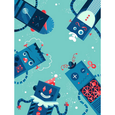 Wee Blue Coo Unframed Wall Art Robot Family Cute Childens Bedroom Décor12X16 Inch from B&Q
