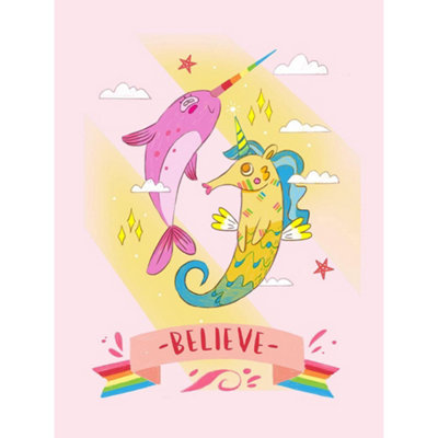 Wee Blue Coo Unframed Wall Art Unicorn Seahorse Narwhal Believe12X16 Inch from B&Q