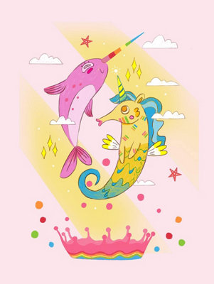 Wee Blue Coo Unframed Wall Art Unicorn Seahorse Narwhal Magic - 12X16 Inch B&Q