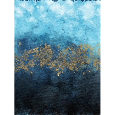 Wee Blue Coo Blue/Gold Wee Coo Unframed Wall Art Abstract And Watercolour - 12X16 Inch
