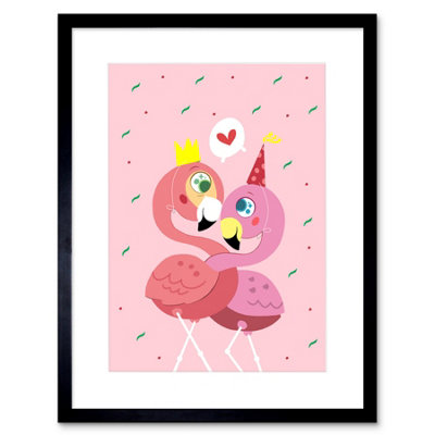 Artery8 Wall Art Print Kawaii Flamingo Love Art Framed 9X7 Inch from B&Q