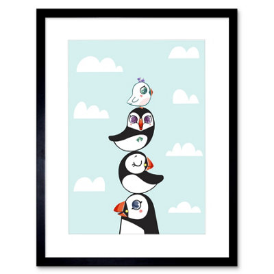 Artery8 Wall Art Print Puffins Family Stacked Art Framed 9X7 Inch from B&Q