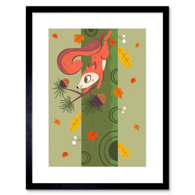 B&Q -  Wall Art Print Red Squirrel Acorn Tree Art Framed 9X7 Inch
