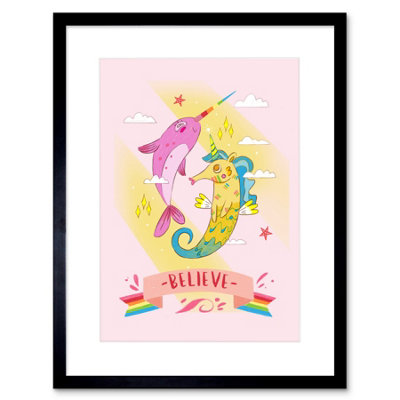 Artery8 Wall Art Print Unicorn Seahorse Narwhal Believe Art Framed 9X7 Inch from B&Q
