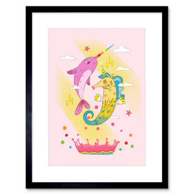 Artery8 Wall Art Print Unicorn Seahorse Narwhal Magic Art Framed 9X7 Inch from B&Q