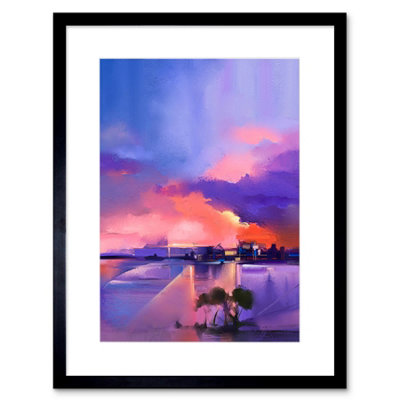 Artery8 Wall Art Print Abstract Sunset On Lake Art Framed 9X7 Inch from B&Q