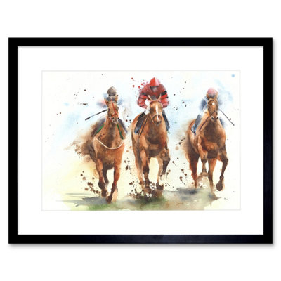 Artery8 Wall Art Print Racing Horses Watercolour Art Framed 9X7 Inch from B&Q