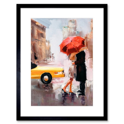 Artery8 Wall Art Print People Kissing Umbrella City Art Framed 9X7 Inch from B&Q