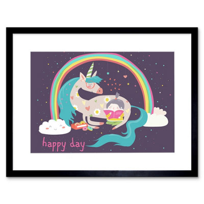 Artery8 Wall Art Print Unicorn Rainbow Reading Child Art Framed 9X7 Inch from B&Q