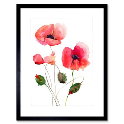 B&Q -  Wall Art Print Flower Poppies Watercolour Art Framed 9X7 Inch