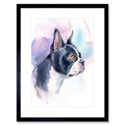 Artery8 Wall Art Print Dog Boston Terrier Watercolour Art Framed 9X7 Inch from B&Q