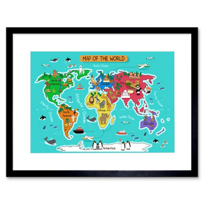 Artery8 Wall Art Print World Map With Landmarks And Animals Art Framed 9X7 Inch from B&Q