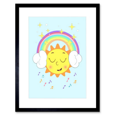 B&Q -  Wall Art Print Rainbow Headphones Musical Sun Art Black Framed 9X7 Inch