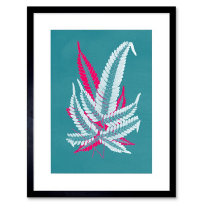 Artery8 Wall Art Print Bright Coloured Fern Teal Pink Art Black Framed 9X7 Inch from B&Q