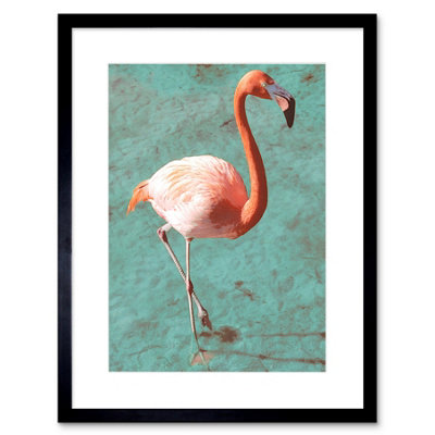 B&Q -  Wall Art Print Flamingo On Blue Art Black Framed 9X7 Inch