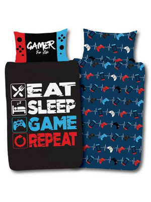 B&Q White/Blue Gamer For Life Single Panel Duvet And Pillowcase Set