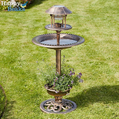 Garden Gear Happy Beaks Garden Bird Bath Feeding Station Hotel With Planter & Solar Light (Bronze) from B&Q